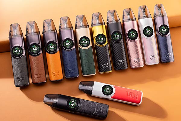 Full range of Oxva Nexlim pod kits displayed in multiple colours, featuring the round 40W display screen and textured finishes.